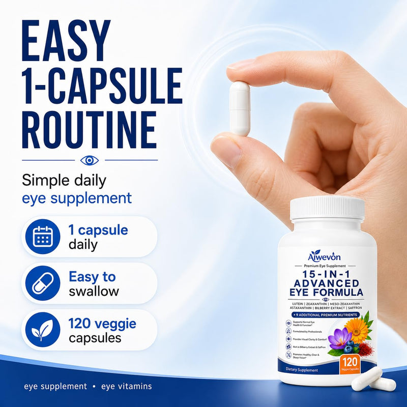15 in 1 Advanced Eye Formula, Eye Vitamins Supplement with Lutein Zeaxanthin Meso Zeaxanthin, Bilberry Extract & Saffron, Eye Health Support Capsules for Adults, Daily Vision Nutrition, 120 Count