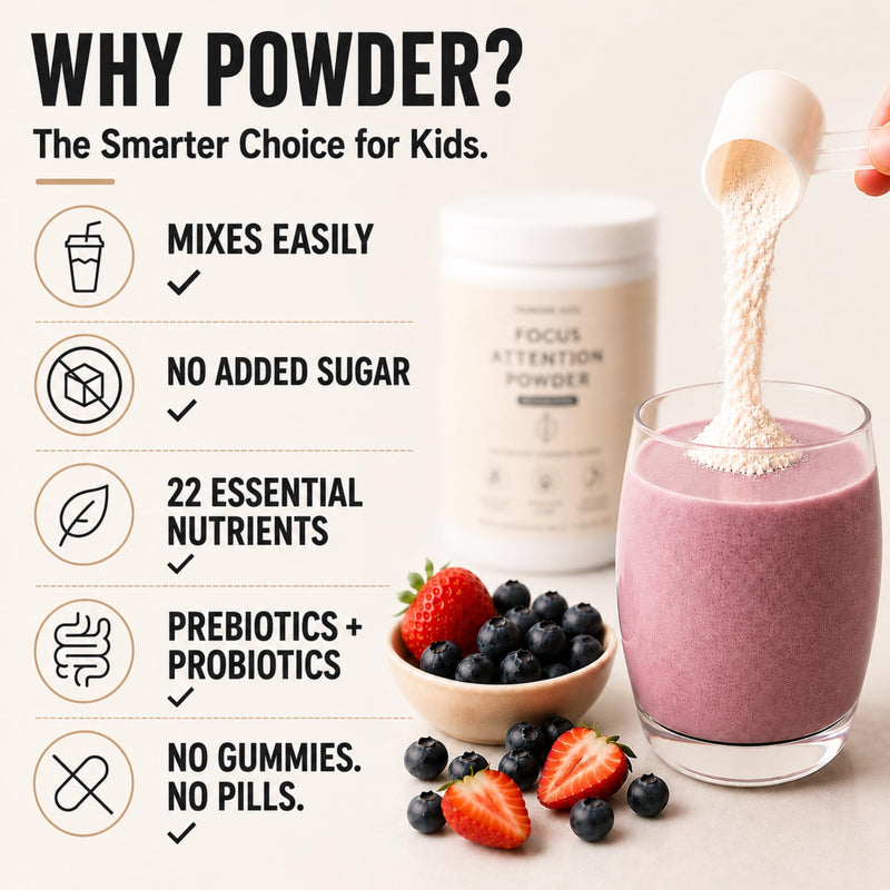 Focus & Attention Drink Mix | Daily Gut + Brain Support Powder for Kids Ages 4+ | Strawberry Lemonade | Vitamins, Minerals, Prebiotics & Probiotics | Non-GMO | Gluten Free