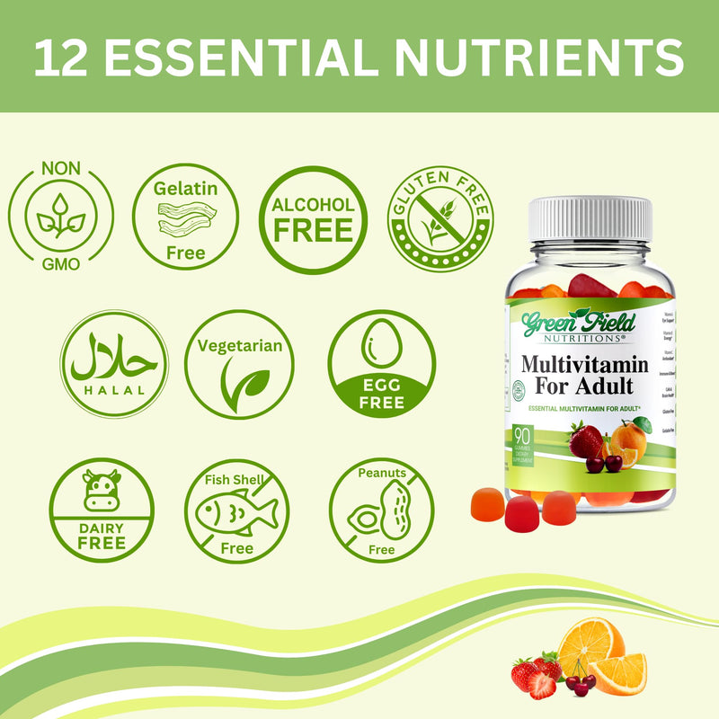 Greenfield Nutritions Halal Multivitamin Gummies for Adult - Gelatin-Free Chewable Multivitamin with Vitamin D3, B6, B12, Zinc & C – Halal Vitamins for Men and Women (90 Count)