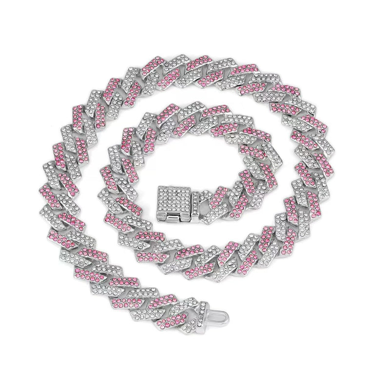 Pink Dog Necklaces for Small Dogs, Diamond Necklace Rhinestone Bling Glitter Metal Choke Cuban Link Dog Collar,Pet Jewelry for Puppy XXS XS Small Medium Large Dogs Cats(Pink 8inch) Pink 8 Inch - BeesActive Australia