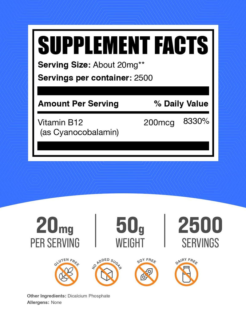 BulkSupplements.com Vitamin B12 Powder - as Cyanocobalamin, Vitamin B Supplement, Vitamin B12 200 mcg - Essential Vitamin, Gluten Free, 20mg per Serving, 50g (1.8 oz) (Pack of 1) 1.76 Ounce (Pack of 1)