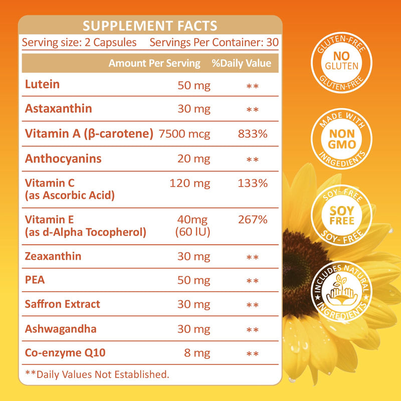 Lutein and Zeaxanthin Supplements with Astaxanthin 50MG Eye Vitamins - Premium Lutein for Eye Vision Support 120 Capsules 30 Count (Pack of 2)
