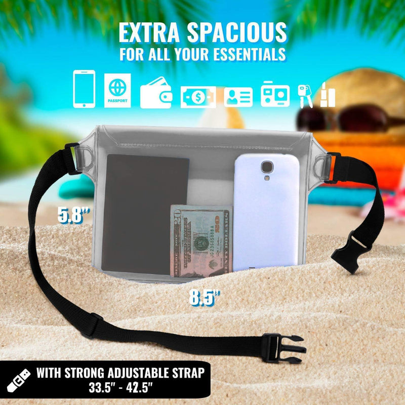 AiRunTech Waterproof Pouch with Waist Strap (2 Pack) | Beach Accessories Best Way to Keep Your Phone and Valuables Safe and Dry | Perfect for Boating Swimming Snorkeling Kayaking Beach Pool Water Park Clear + Clear