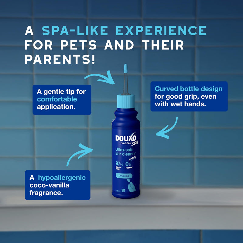 Douxo Spa - Ear Cleaner for Dogs and Cats, 120ml, Micellar Formula Safely Cleans and Removes Wax from the Ear, Flexible Nozzle for Easy Application, ph Balanced, Hypoallergenic Skin-Friendly Formula