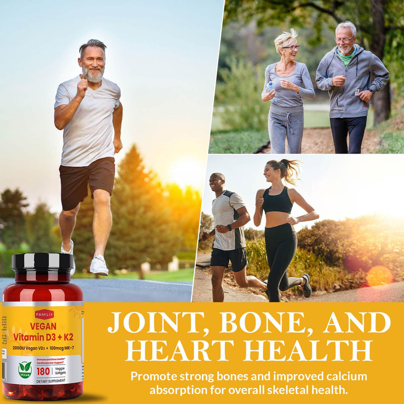 FAMILI+ Vegan Vitamin D3 K2 2000IU with Coconut MCT Oil, 180 Softgels | 180 days, 2000IU Plant source Vitamin D3 + 100 mcg Vitamin K2 MK-7, For Bone, Muscle, Immune, Teeth & Heart Health