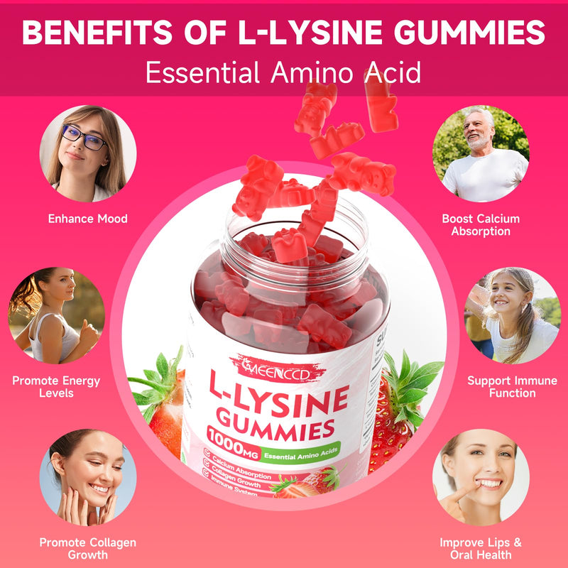 MEENCCD 2 Pack L-Lysine 1000mg Gummies, Lysine Supplement for Adults & Kids, Essential Amino Acid for Oral & Lips Health, Boost Immune & Calcium & Collagen, Sugar-Free, Strawberry Flavor, 120 Count 60 Count (Pack of 2)