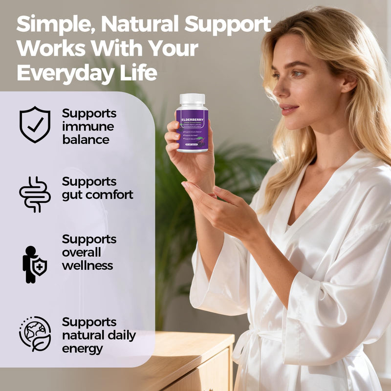Black Elderberry Immune & Gut Support Complex - with Zinc, Dual-Source Vitamin C, Vitamin D3, Echinacea & Ginger - Daily Immune Defense, Digestive Comfort, 120 Capsules 60 Count (Pack of 1)