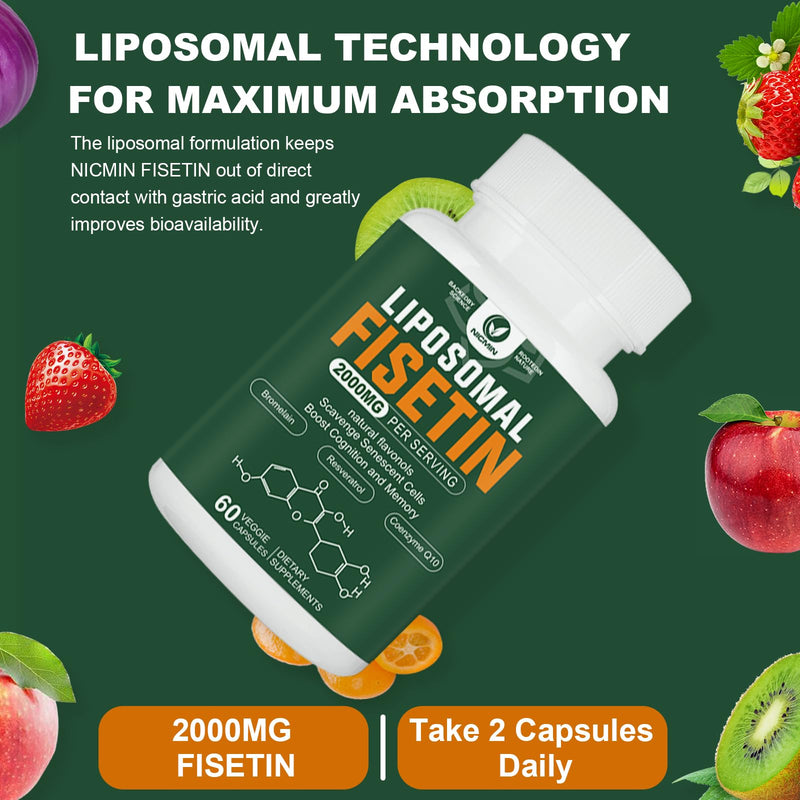 Liposomal Fisetin Supplement, 2000MG, 98% Pure Fisetin Polyphenols Antioxidants, with Quercetin, TMG and Resveratrol, for Healthy Aging, Cognitive Support, 180 Capsules
