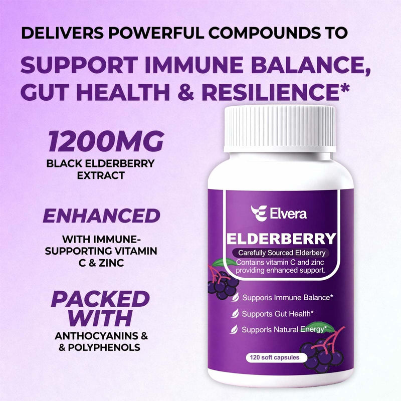 Elderberry - Elvera Elderberry Gut Support, 1200mg Elderberry Extract, Vitamin C, Zinc for Digestive Balance, Immune Support | Vegan, Non-GMO | 120 Soft Capsules 1pc