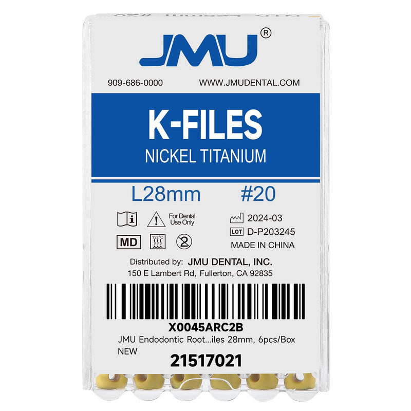 JMU Dental K Files #20/28mm, NITI Hand Use Files 6 Pcs/Pack #20 (28mm) 1