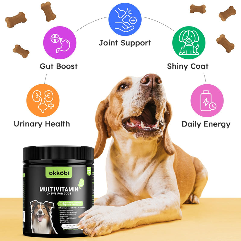 Dog Vitamins and Supplements - 150 Dog Multivitamin Chewable - Immune, Joint Support, Skin, Gut Health + Packed with Omega 3s, Glucosamine & Probiotics - Safe for Puppy - Chicken