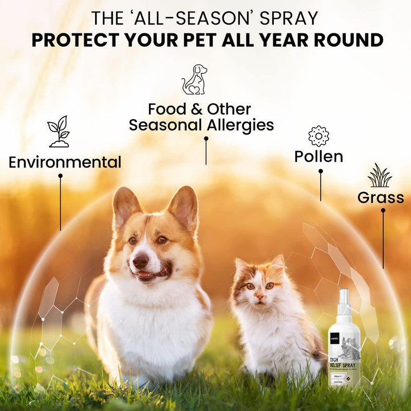 Cat & Dog Itchy Skin Relief Spray With Pure Aloe Vera, Tea Tree & Castor Oil - Natural, Lick Safe Itchy Dog Relief -Anti-itch Cat Spray and Itchy Dog Skin Relief For Allergies & Hot Spots -250ml