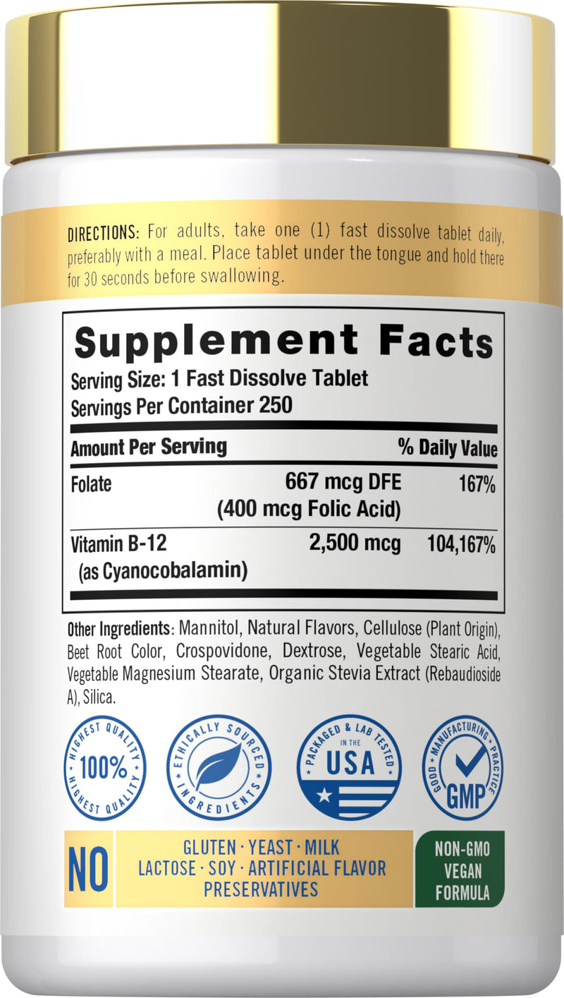 Carlyle Vitamin B12 Sublingual 2500 mcg | 250 Fast Dissolve Tablets | Cyanocobalamin Supplement With Folic Acid for Adults | Natural Berry Flavor | Vegetarian, Non-GMO, and Gluten Free