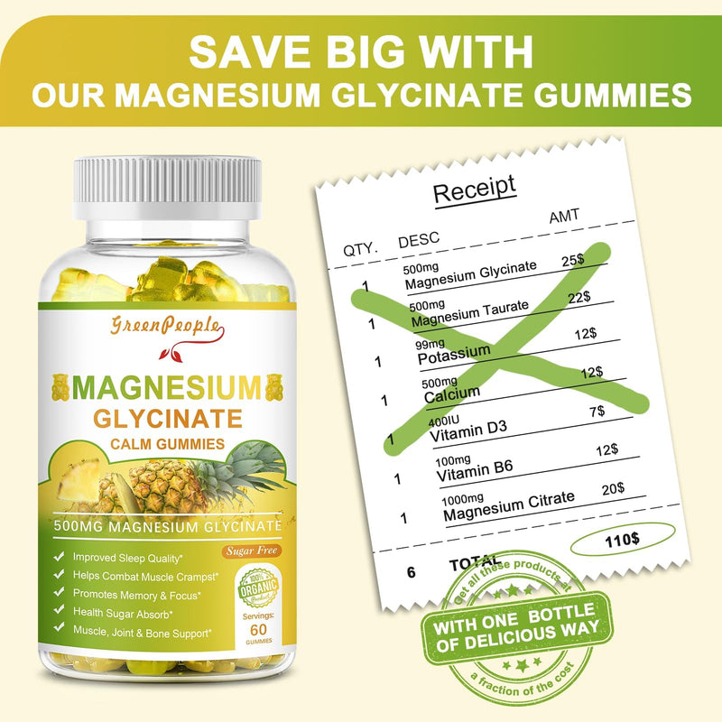 GREENPEOPLE Magnesium Glycinate Gummies with Citrate 1000mg, Taurate & Matale - Sugar Free - Magnesium Potassium Supplement with Vitamin D, K2 for Calm Mood & Zzz Support - 60 Pineapple Gummies-2 Pack