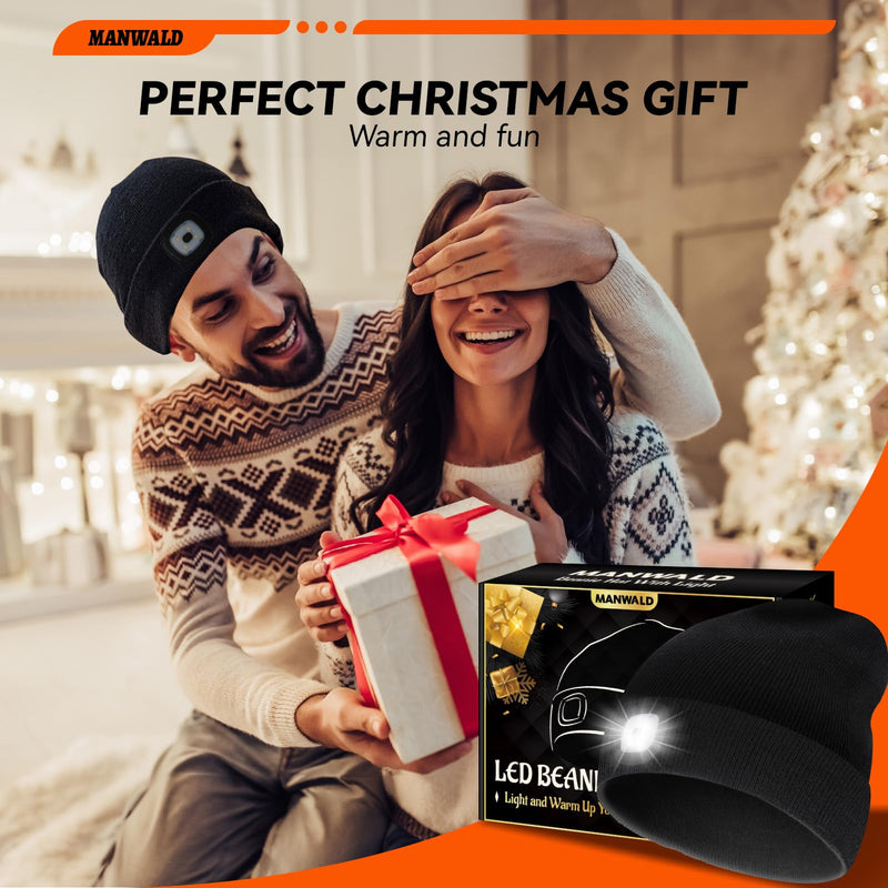 LED Beanie Hat with Light, USB Rechargeable LED Headlamp, Gifts for Men, Fathers Day Dad Gifts from Daughter Wife Son, Birthday Gifts for Him Men Husband, Boyfriends, Black, 2PCS 2 Pack