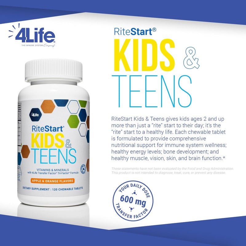 4Life RiteStart Kids and Teens Multivitamin Chewables, 120 Tablets | Vitamins, Minerals, Choline, Immune support, Energy, Growth, Brain health, Apple and orange flavors, Chewable tablets