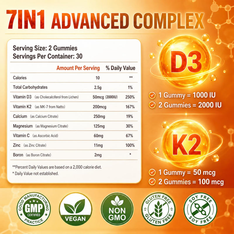 Vitamin D3 + K2 Gummies 2000 IU with Calcium, Magnesium & Zinc, Mixed Fruit | Vegan, Non-GMO, Gelatin-Free and Sugar-Free With Vitamin C, Boron and Mk-7 For Immune Function and Everyday Wellness Support.