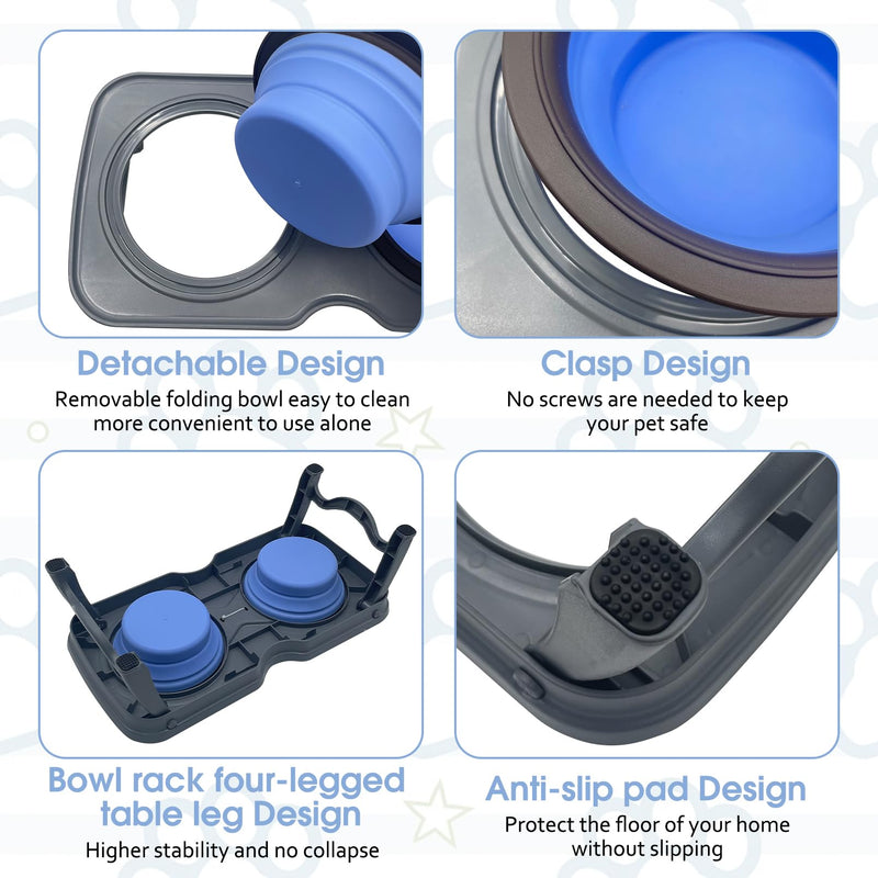 PINVNBY Elevated Portable Dog Bowl, Travel Raised Dog Stand with Collapsible Silicone Double Diner Puppy Bowls Non-Slip Dog Food Water Bowls Holder for Small Dogs and Cats - 14.6" L x 7.5" W x 3.9" H S:7.5 x 14.6 x 3.9 inches - BeesActive Australia