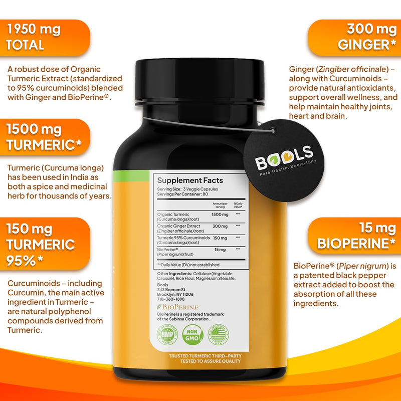 Turmeric Curcumin Supplement with BioPerine & Ginger, Turmeric Curcumin with Black Pepper 1950mg for Max Absorption Joint Support- Non-GMO Turmeric Supplement, Vegan, 240 Capsules - BeesActive Australia