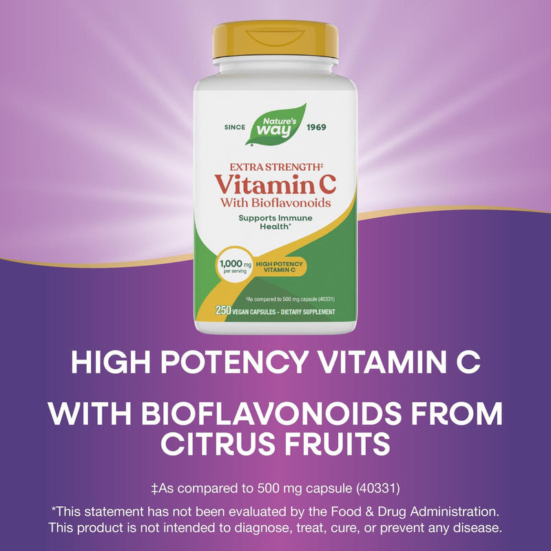 Nature's Way Extra Strength(1) Vitamin C with Bioflavonoids, Supports Immune Health*, Promotes Collagen Production for Healthy Skin*, 1,000 mg per Capsule, 250 Vegan Capsules (Packaging May Vary) 250 Count (Pack of 1)