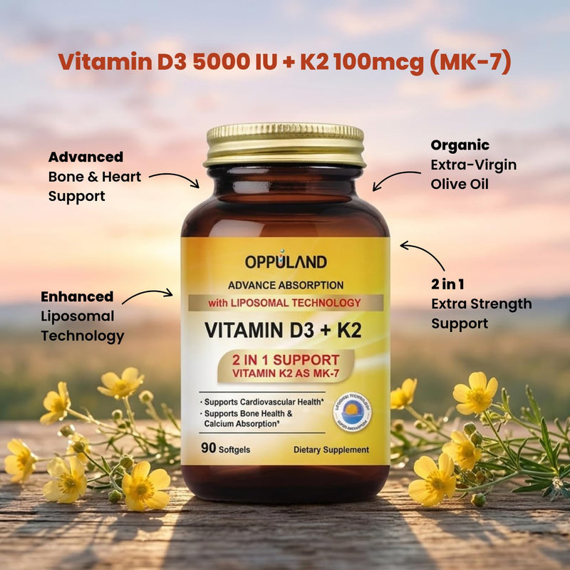 Vitamin D3 + K2 5000 IU - Liposomal Technology for Enhanced Absorption - MK-7 Vitamin K2 100mcg - Supports Bone & Calcium Metabolism - D3K2 Supplement for Men & Women - 90 Softgels 90 Count (Pack of 1)
