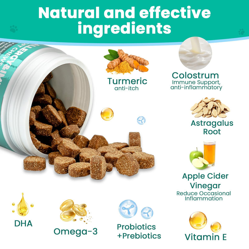 VUN Dog Allergy Relief Chews,Itchy Skin and Coat Relief,Paw Licking Support with Omega 3 Fish Oil,Probiotics Colostrum for Seasonal Allergy and Hot Spot,Immune Supplement for Dogs-100 Soft Chews