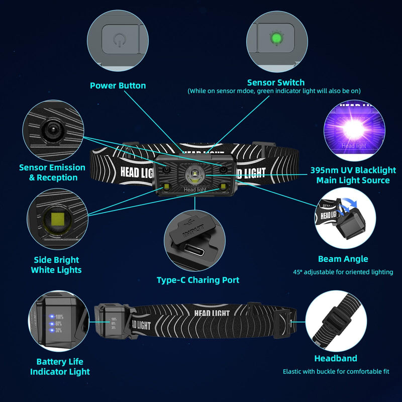 COSOOS 2IN1 UV Headlamp Flashlight Black Light, Rechargeable LED Hand Free Blacklight 395nm Mini Headlight with White & Ultraviolet Light, Detector for Pet Dog Cat Urine Stain,Bed Bug,Scorpions Finder 1 - BeesActive Australia