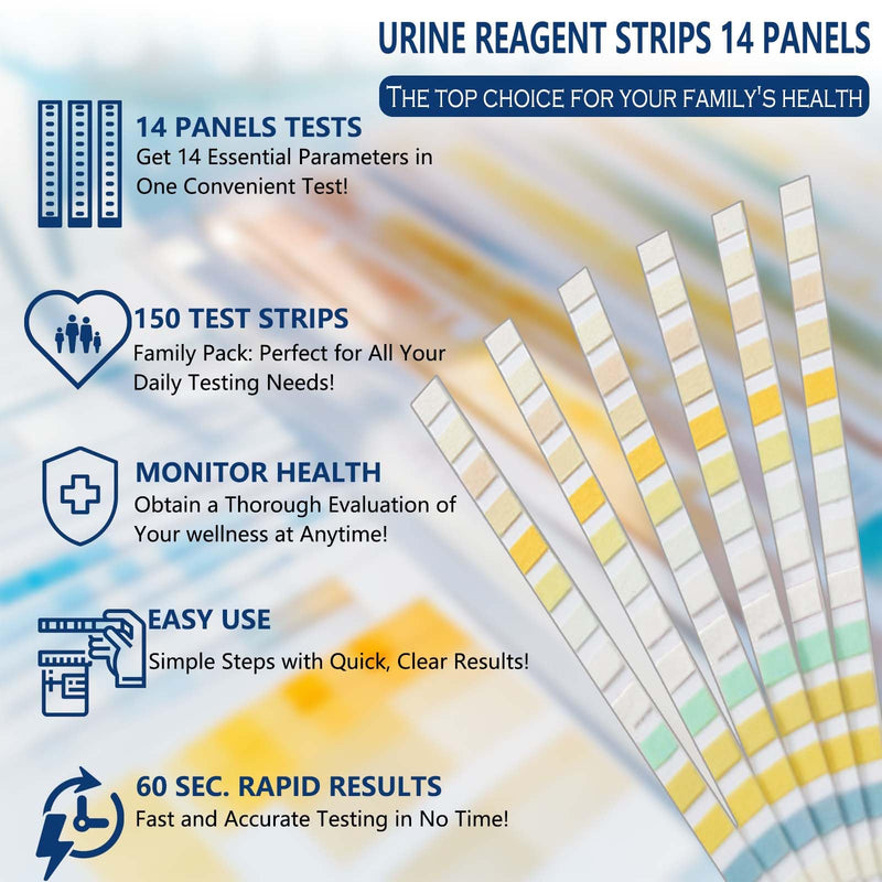 14 Parameters Urine Test Strips for Urinalysis | 150 Strips - Testing for Kidney, Liver, UTI, Keto Diet, Ketosis, PH, KET, Prot, SG, BIL, CRE, BLO, and +7 More