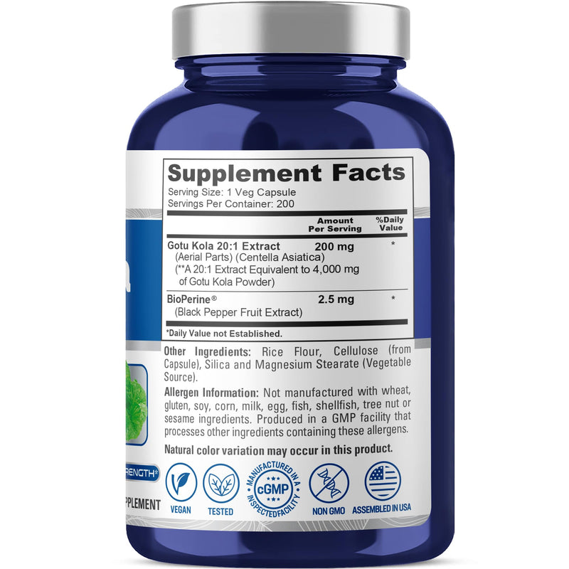 NusaPure Gotu Kola Capsules 20:1 Extract, 200 mg Equivalent to 4000mg Per Veggie Caps, 200 Count, Non-GMO, Vegan, Bioperine - Traditional Herb Extract - BeesActive Australia