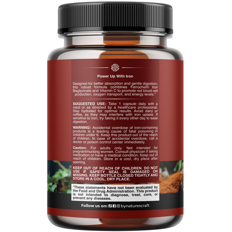 Slow Release Iron Supplement for Women & Men - Supports Health - Blood Support Iron Bisglycinate with Vitamin C - Gentle Energy & Immune Support - High Absorption Ferrous Bisglycinate - 60 Ct - 3pk 60 Count (Pack of 3)