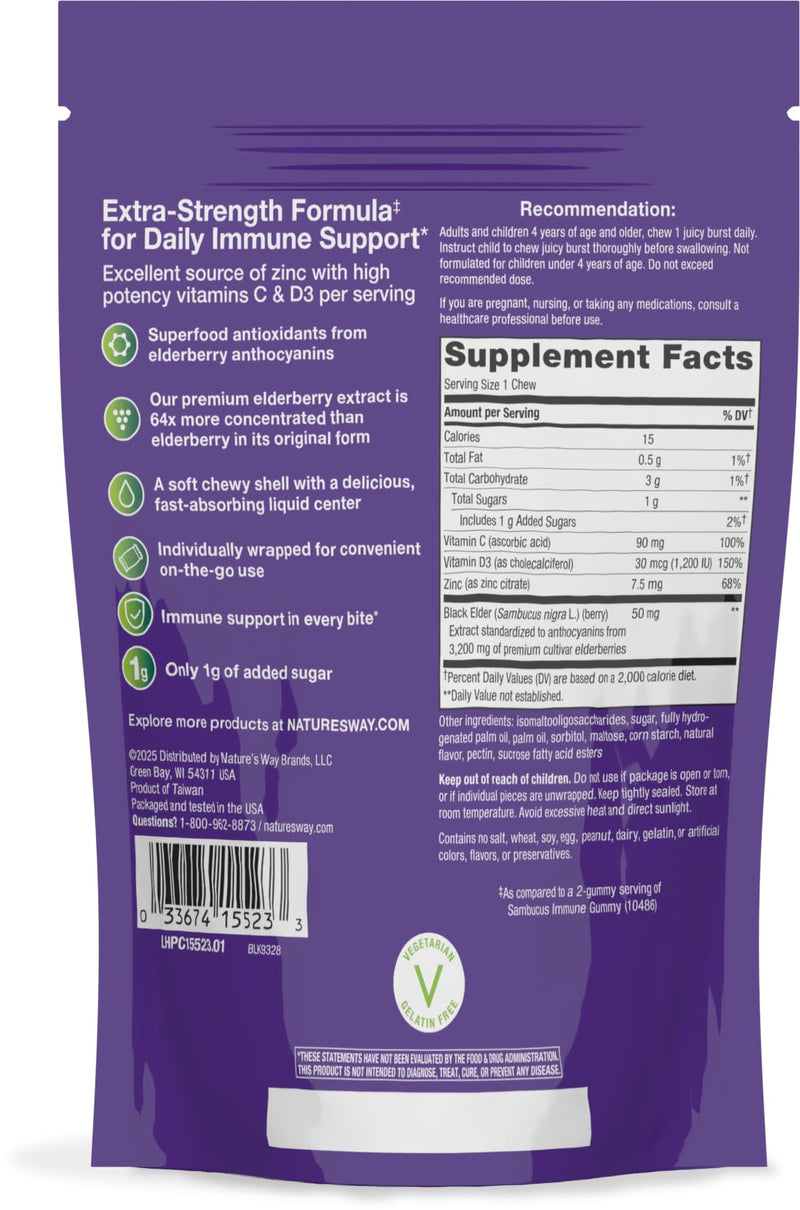 Nature's Way Sambucus Ultra Immune Juicy Burst Chews*, Berry, 30 ct | Immune Support Chews with Extra-Strength Formula(1)*, Elderberry Chews with Vitamin D3, Vitamin C & Zinc, Elderberry Extract