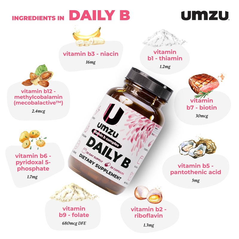 UMZU Daily B Vitamin B Complex, 30 Day Supply | Vitamins B1, B2, B3, B5, B6, B7, B9 and B12, Folic Acid and Biotin, Energy, Focus, Mood and Metabolism Support