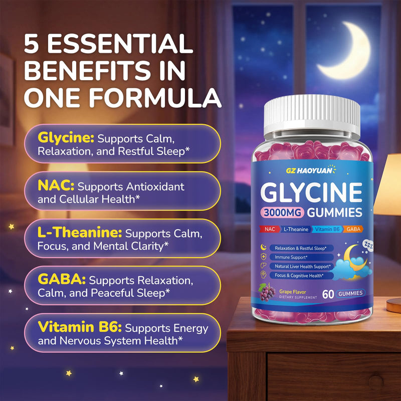 Glycine Gummies, Glycine 3g Supplements with NAC, L-Theanine, GABA, for Sleep, Relax, Nerve & Brain Support, Sugar Free, Vegan, GRAP Flavor, 120 Cts Grape 60 Count (Pack of 2)