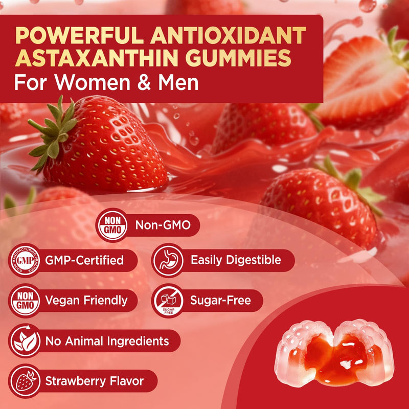 Liposomal Astaxanthin 12mg Gummies for Powerful Antioxidant, Vegan, 60 | Organic Astaxanthin Supplements with Lycopene, Glutathione, Vitamins & CoQ10 for Eye, Skin & Immune Health, Sugar Free