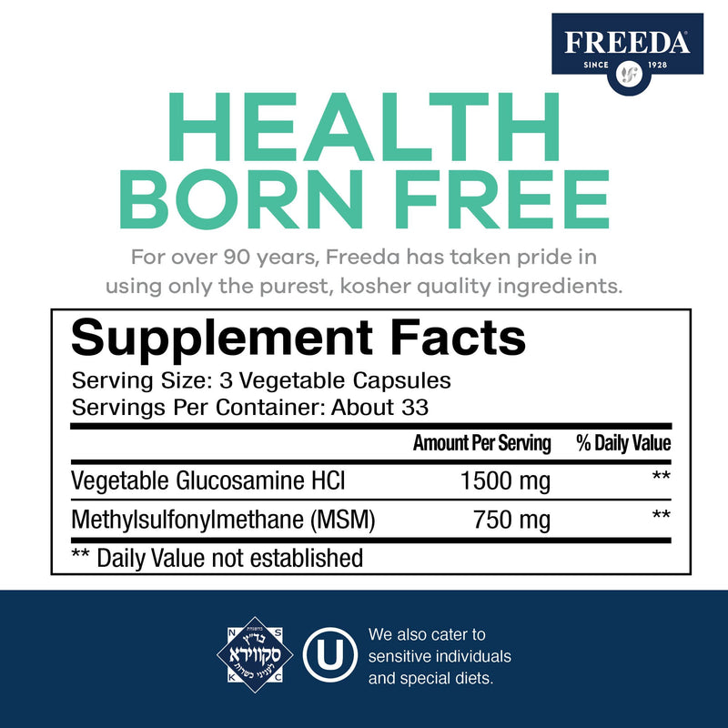 FREEDA Glucosamine MSM - Vegan Glucosamine with MSM Supplement - Bone & Joint Health Supplement - Vegetarian Glucosamine without Shellfish - Bone & Joint, Knee Supplement for Mobility (250 Capsules) 250 Count (Pack of 1) - BeesActive Australia