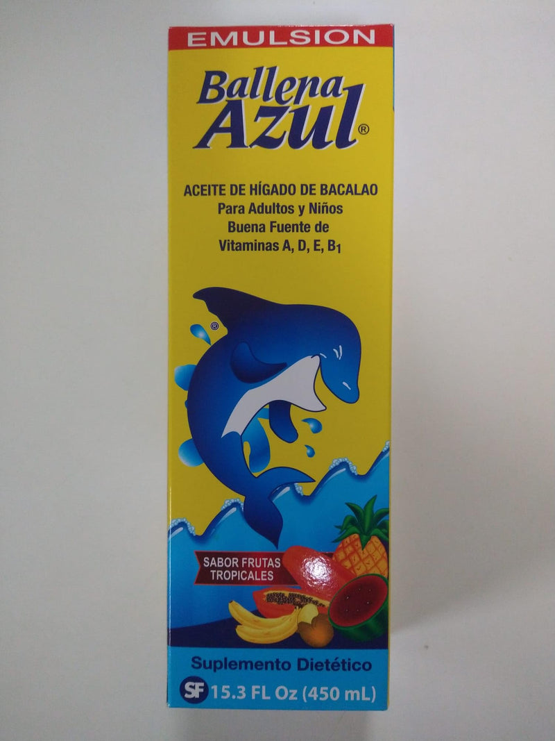 Ballena Azul Aceite de Hígado de Bacalao para Adultos y Niños, COD Liver Oil for Adults and Children, Good Source of Vitamins, Dietary Supplement, Omega 3 (Tropical Fruits 15 OZ)
