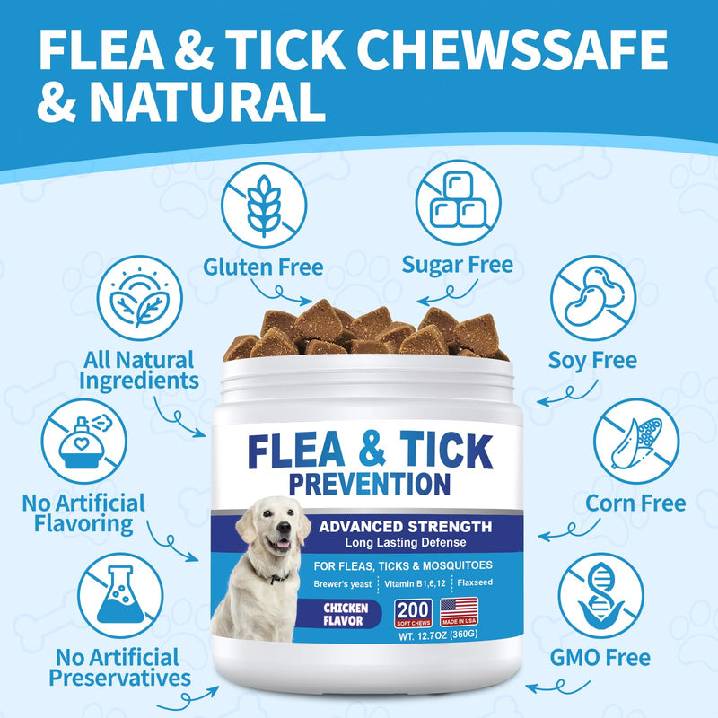 Flea and Tick Prevention for Dogs Chewables 200Ct - Flea and Tick Chews Supplement, Vet Recommended Supplement Chews, Skin & Coat Support for Dogs, Puppies, All Breeds & Sizes Chicken Flavor
