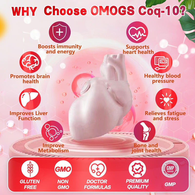 OMOGS CoQ10 200mg Softgels, Coenzyme Q10 High Absorption Supplements Support Heart Health, Cardiovascular Health, Immune System & Cellular Energy Production, Gluten Free, 90 Softgels 90 Count (Pack of 1)