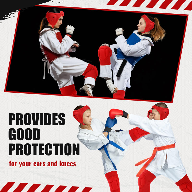 Wrestling Headgear for Kids Youth with Protective Knee Pads Soft Grappling Headgear Wrestling Ear Protection Thick Sponge Anti Slip Knee Sleeve for Sparring Brazilian Jiu Jitsu Red