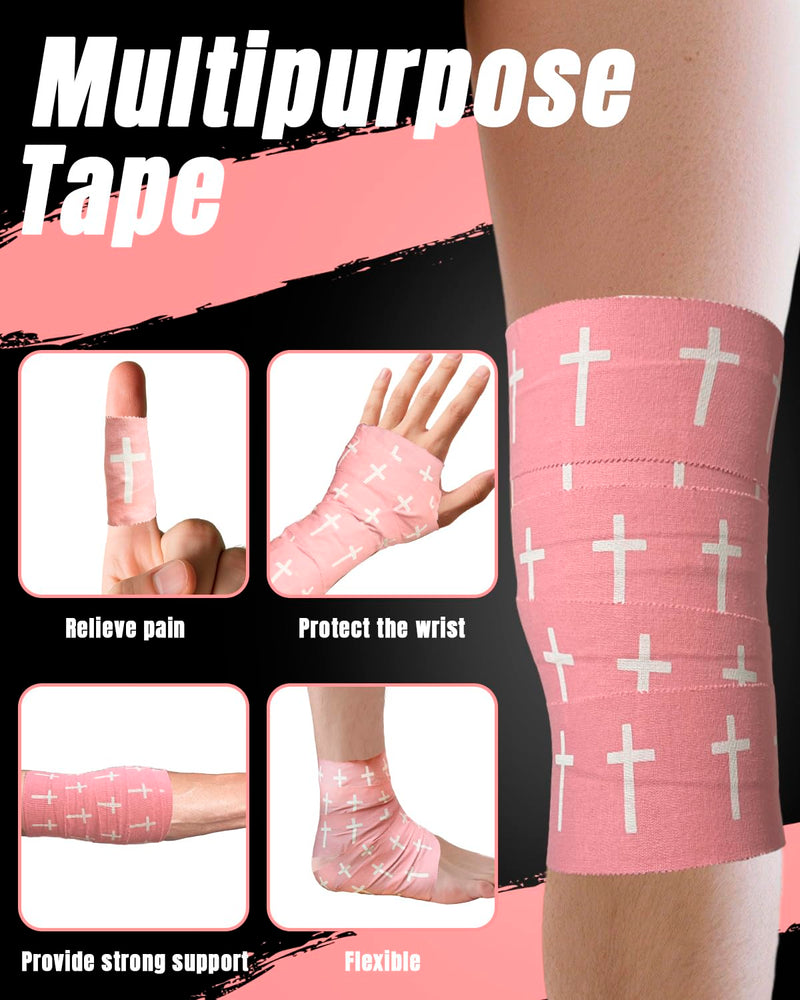 2 Pcs Cross Tape Christian Athletic Tapes Religious Sport Soccer Wrist Tape Cross Pink Tapes for Soccer Football Baseball Gymnastics Boxing Christian Church Gifts Tennis 2IN X 23FT 2 Pack Pink - Cross 2 inches
