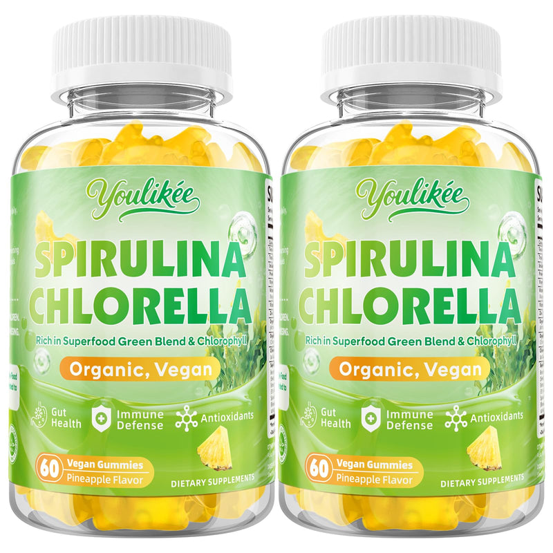 2 Pack Spirulina Chlorella Gummies, Supports Daily Energy & Immune System | Super Greens Blend with Protein, Chlorophyll, Vitamin C, D3, B12, Zinc, Pineapple Flavor, 120 Count 60 Count (Pack of 2)