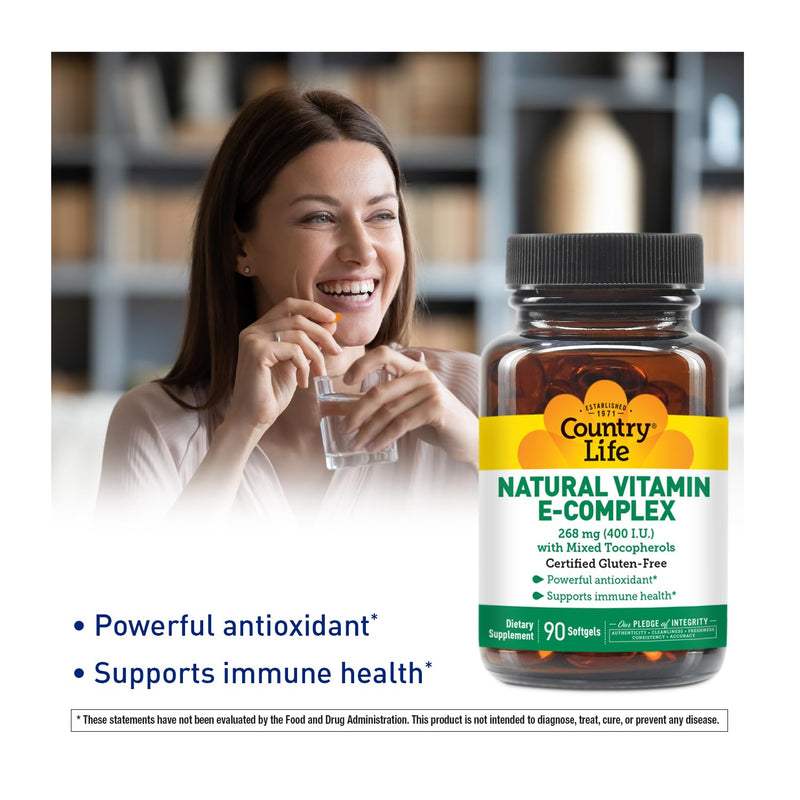 Country Life Vitamin E Complex 400 IU with Mixed Tocopherols, 90 Softgels | Natural d-alpha vitamin E with mixed tocopherols provides antioxidant and immune support in a gluten-free once-daily softgel