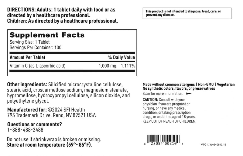 SFI Health Klaire Labs Vitamin C, 100 Tablets | 1000 Milligrams L-Ascorbic Acid in Coated Tablets to Protect from Oxidation