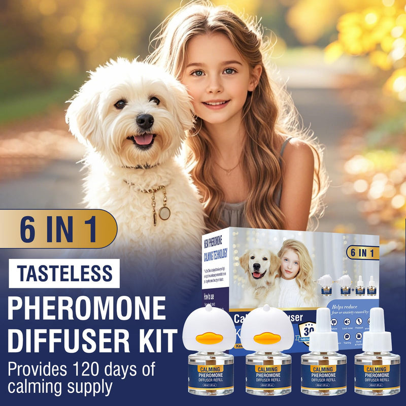 Dog Calming Pheromones Diffuser 6 in 1 Kit Appeasing Pheromone Diffuser to Calm (2 Plug in+4 x48ml Refill) for Anxiety Relief Reduce Aggression Fighting Barking Stress 120 Day Supply(Tasteless) Tasteless