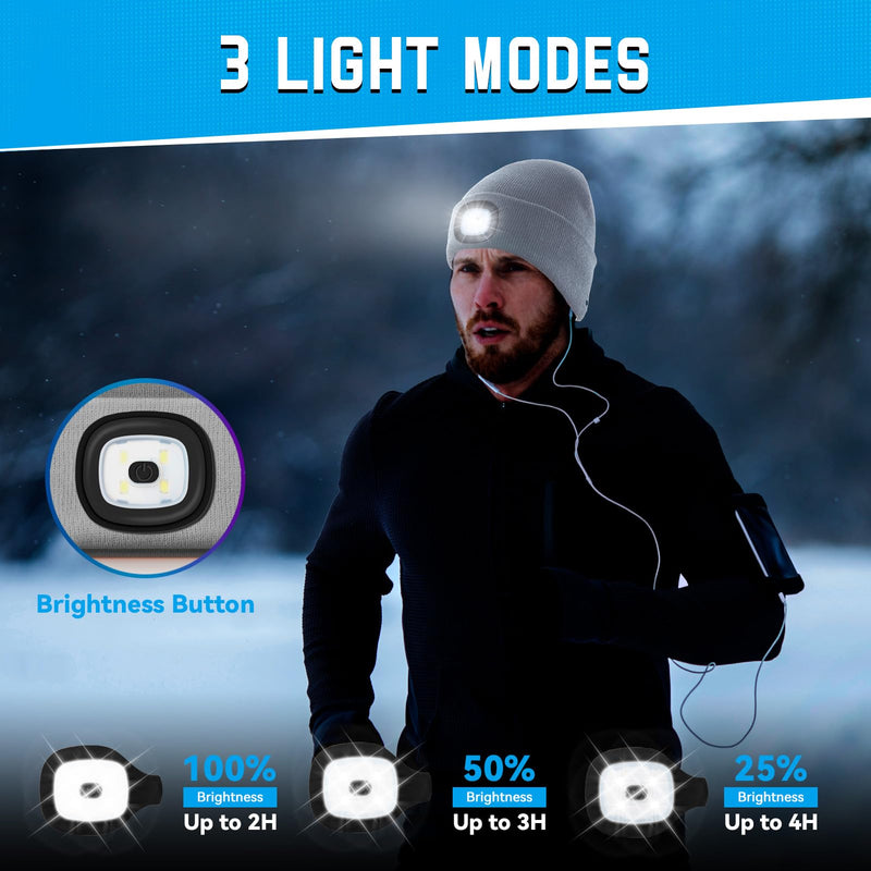 Gifts for Him, Beanie Hats with Light, USB Rechargeable LED Hand Free Headlamp, Fathers Day Dad Gifts, Birthday Gadgets for Men, Women, and Teens, Ideal for Camping, Hiking, 2 Pack, Grey Gray