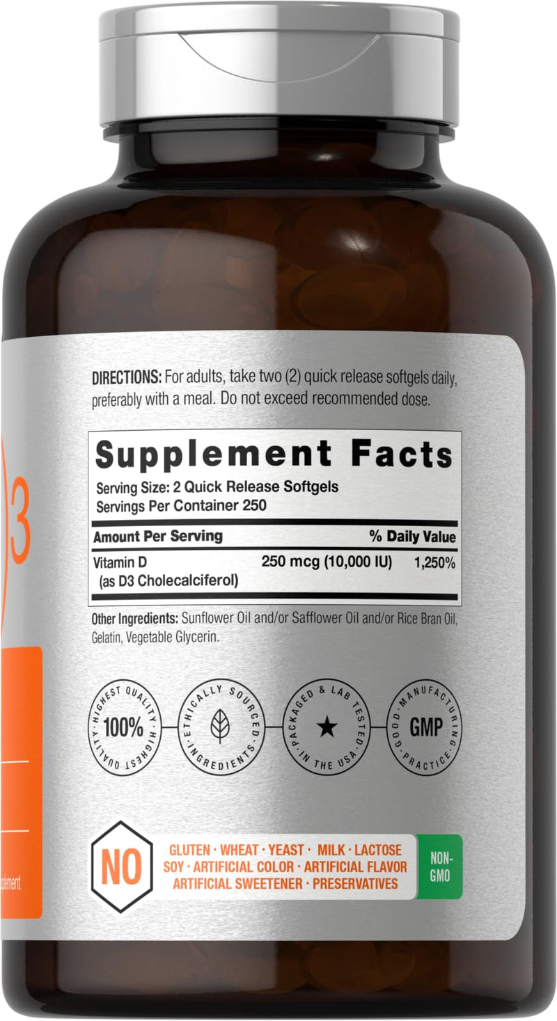 Horbäach Vitamin D3 10000 IU | 500 Softgels | 250mcg | Non-GMO, Gluten Free Supplement | Value Size | High Potency Formula