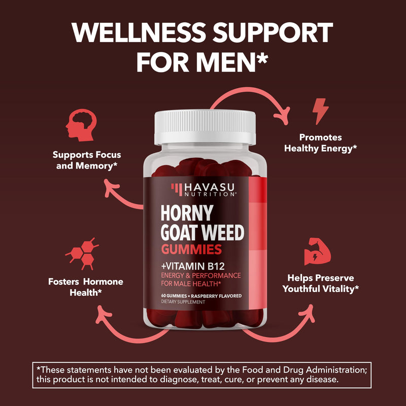Horny Goat Weed Gummies with Vitamin B12, Raspberry Flavor, 30 Servings | Vegan, Non-GMO Horny Goat Weed Gummies to Support Drive, Vitality and Performance for Men, 60 Count, 1-Month Supply 60 Count (Pack of 1)
