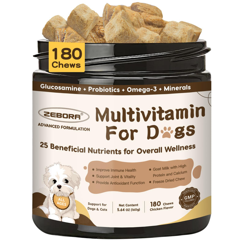 ZEBORA Dog Multivitamin with Probiotics - Dog Vitamins and Supplements - Multivitamin for Dogs with Glucosamine, Omega 3 and Probiotics for Dogs Digestion, Immunity, Joint, Skin and Coat - 180ct 180 Counts