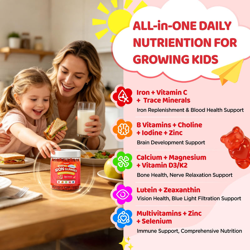 duwhot Iron Gummies for Kids Teens, Gentle Iron Bisglycinate with Vitamin C | Chewable Iron Supplement plus Multivitamins, Minerals & More, Energy, Immunity & Blood Support, Sugar Free, Vegan, 60 Chews