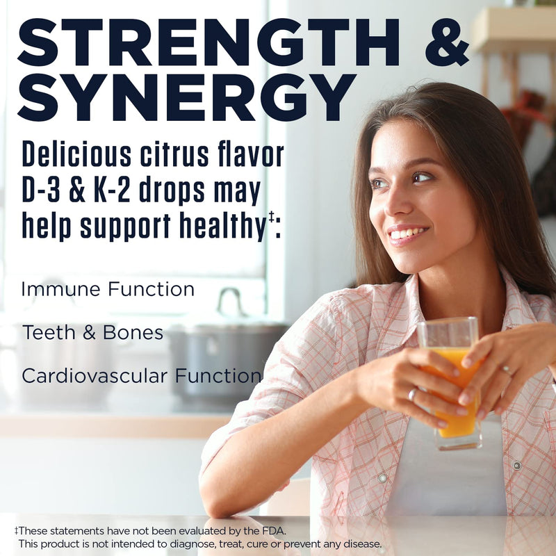 KAL D3 K2 DropIns 125/500 mcg, Natural Citrus Flavor, 2 fl oz | Bone, Teeth, Heart & Immune Support - Liquid Vitamin D3 & K2 - Approximately 59 Servings - Lab Verified